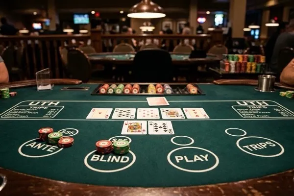 Mesa de Punto y Banca con cartas repartidas y fichas de apuesta sobre el tapete verde